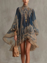 Navy Blue Mini Dress with Irregular Chiffon Neckline and Baroque Print