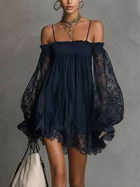 Noemi - Mini chiffon dress in navy blue with off-the-shoulder neckline, lace trim, and sheer sleeves
